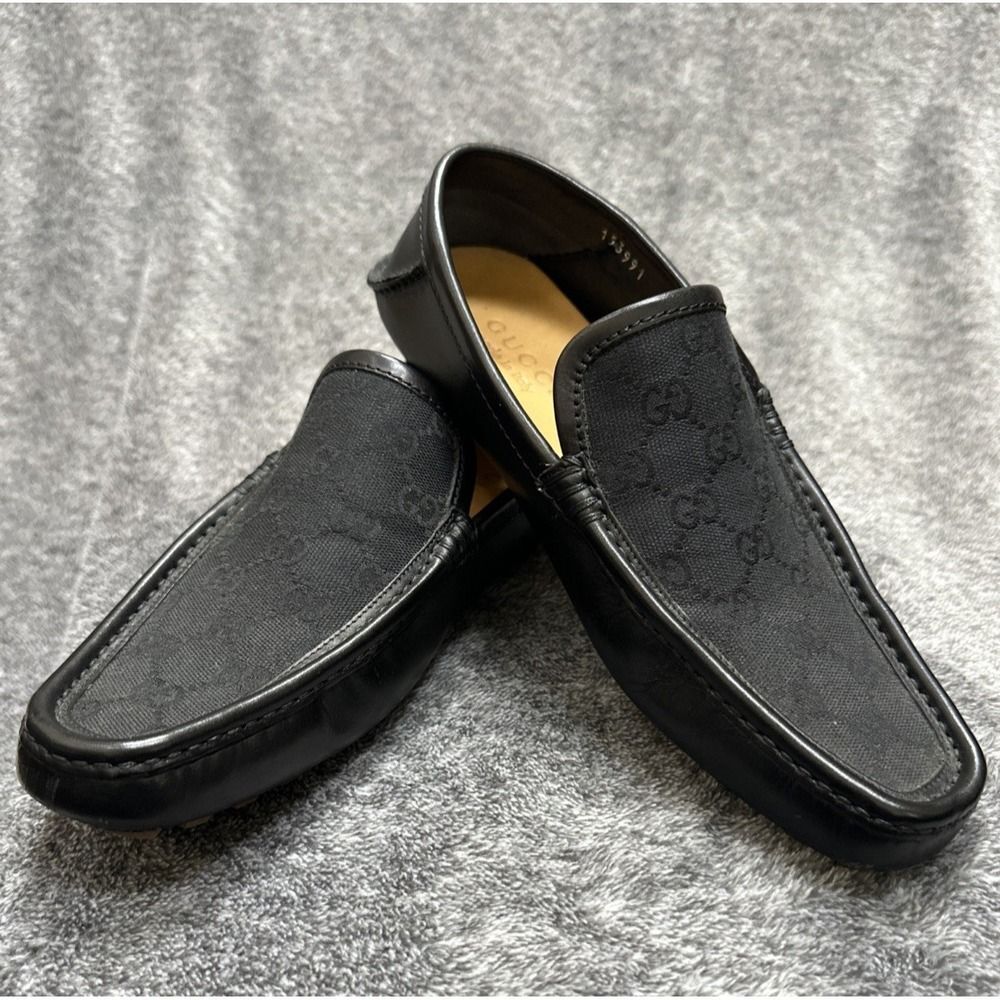 Gucci Men's Black GG Canvas Monogram Driver Loafers Size 6.5
